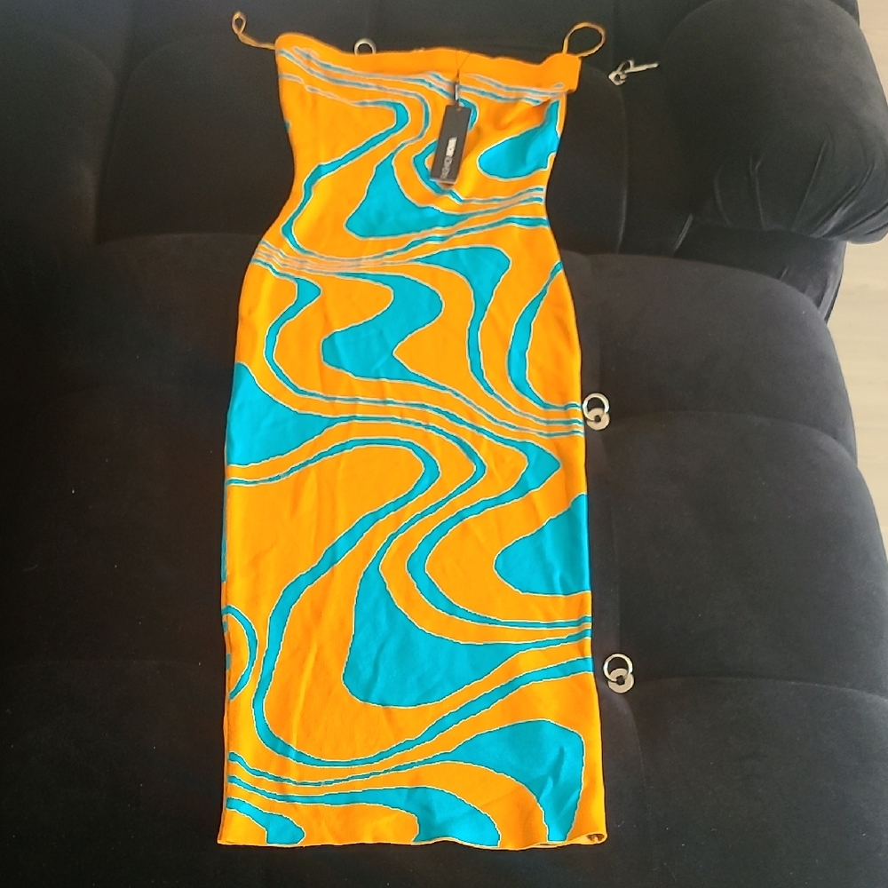 Fashion Nova Women Orange and Blue Strapless Breezy Knit Maxi Dress Brand New